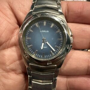 Working Mens LORUS Watch Blue Dial Silver Steel Band 36mm 100FWR For Small Wrist